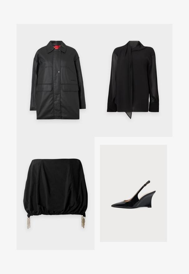 Zwarte, oversized jas gemaakt van glad materiaal. Voorzien van voorzakken en drukknopen. De binnenkant is rood gevoerd met een logolabel.; Zwarte blouse van een glad, doorschijnend materiaal. Voorzien van een gedrapeerde kraag en lange mouwen met knoopmanchetten. De zoom is vooraan puntig.; Zwart cropped top met een gathered ontwerp, voorzien van een elastische zoom en metalen clips als accenten. Gemaakt van een lichte stof.; Zwarte lakleren sleehak met slingback, puntige neus en smalle verstelbare enkelriem met gesp.
