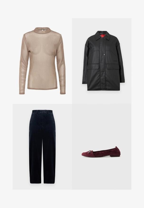 Manteau noir surdimensionné en matériau lisse. Dispose de poches avant et de fermetures à pression. L'intérieur est doublé de rouge avec une étiquette logo.; Haut à manches longues et transparent de couleur marron clair avec un léger effet brillant. Il présente un col haut et une fermeture à boutons au dos. Texture douce et légère.; Pantalon en velours côtelé bleu marine avec taille haute, jambes droites et deux poches avant. Doté d'une fermeture par bouton et glissière. Tissu texturé.; Ballerines en suede bordeaux avec un petit talon, présentant un petit accent métallique au niveau des orteils et des détails cousus le long de la couture supérieure.