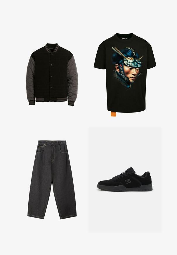 Schwarze Collegejacke mit strukturiertem Wollkörper und gesteppte graue Ärmel. Mit geripptem Kragen, Bündchen und Bund sowie Druckknopfverschluss.; Schwarzes Baumwoll-T-Shirt mit einem bunten Grafikdesign eines Samurai, der detaillierte Gesichtszüge, einen Helm und Akzentmuster aufweist.; Schwarze Denim-Hosen im Weitbein-Design mit gelben Nähten, fünf Taschen und einem mittelhohen Bund. Texturiertes Material mit glatter Oberfläche.; Schwarze Skateschuhe aus Wildleder und Mesh, mit einem Low-Top-Design, dicker Gummisohle und Logodetail an der Seite.