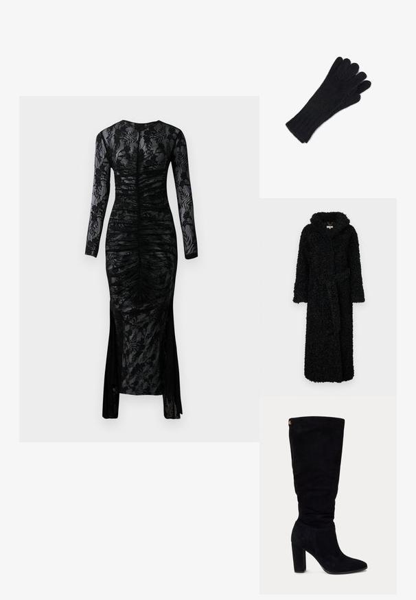 Schwarzer Kapuzenumhang aus strukturiertem, flauschigem Stoff. Verfügt über lange Ärmel und einen Gürtel in der Taille. Langer Schnitt für zusätzliche Wärme.; Langärmliges schwarzes Kleid mit figurnaher Silhouette, gerafftem Stoff und blumiger Spitzenüberlagerung. Verfügt über einen Schlitz am unteren Rand für zusätzlichen Detail.; Schwarzer Wildleder-Knielanger Damenstiefel mit Blockabsatz und spitzer Zehenpartie, mit einem kleinen goldenen Logoanhänger nahe dem oberen hinteren Bereich.; CASH-MERE Fingerhandschuh - schwarz