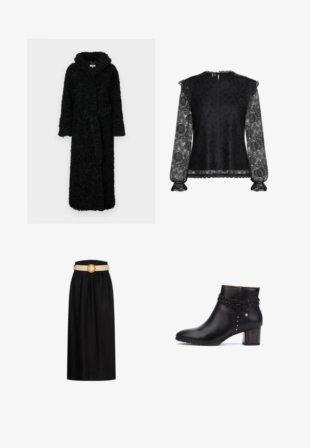 Sort hætteklædt kappe lavet af tekstureret, fluffy stof. Har lange ærmer og et bælte i taljen. Hel længde design for varme.; Sort blonde top med lange transparente ærmer, blomsterprint, bølget udskæring og indsnørede manchetter. Blusen er foret for at sikre dækning.; Sort midi-skrædder lavet af blødt stof, med en elastisk talje og et vævet beige bælte med en cirkulær spænde.; Pikolinos CALAFAT - Ankelstøvler - black