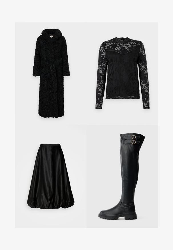 Robe à capuche noire en tissu texturé et pelucheux. Avec des manches longues et une ceinture à la taille. Design long pour plus de chaleur.; Top noir à manches longues en dentelle, présentant un motif floral, un col haut et une silhouette ajustée avec des détails texturés.; Jupe midi en satin noir avec une forme ballon volumineuse. Texture lisse et taille ajustée, conçue pour une silhouette fluide.; Bottes noires montantes au-dessus du genou en cuir lisse. Elles présentent deux boucles métalliques, une semelle en caoutchouc épaisse et un design élégant.