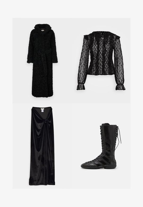 Ropa con capucha negra hecha de un tejido texturizado y esponjoso. Presenta mangas largas y un cinturón en la cintura. Diseño de larga duración para mayor calidez.; Top de encaje negro de manga larga con un diseño ajustado, detalles con volantes en los hombros y puños, y un patrón floral texturizado en toda la prenda.; GmbH LONG SKIRT WITH A KNOT - Falda larga - black; Botas altas negras de material sintético brillante, con un intrincado diseño de cordones y acentos de rayas diagonales en los costados.