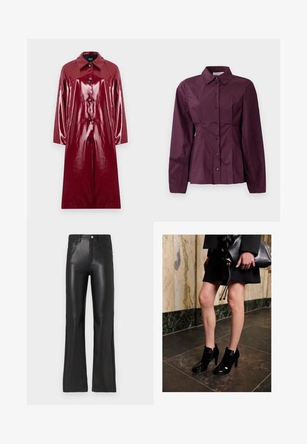 Glanzende, diep rode jas met een kraag, knoopsluiting en lange mouwen. Beschikt over een gladde textuur en contrasterende zwarte knopen.; Bordeaux knoopshirt met lange mouwen, een klassieke kraag en geplooide details bij de taille. Glad stof met subtiele glans.; Zwarte neplederen broek met een rechte pasvorm, voorzien van een voorrits, knoopsluiting en zijzakken. Gladde, glanzende textuur.; Een vrouw draagt zwarte enkellaarzen en een zwarte rok, houdt een grote zwarte leren clutch vast, en staat op een donkere tegels vloer nabij een marmeren muur.