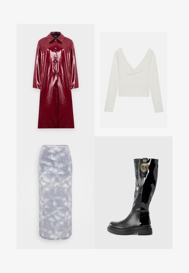 Glanzende, diep rode jas met een kraag, knoopsluiting en lange mouwen. Beschikt over een gladde textuur en contrasterende zwarte knopen.; Langarm, off-white bovenstuk met een diepe V-hals en een geknoopte detail aan de voorkant, met een текстuurlijke stof en een cropped zoom.; Grijze midi-rok van ribbelstof met een wolkpatroon en pailletten. Het heeft een strakke pasvorm en een soepele zoom.; Zwarte rubberlaarzen tot de knie met glanzende lakafwerking, gestructureerde zool en gouden hardwaredetails. Slanke, aansluitende silhoeutte.