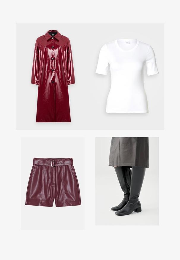 Abrigo brillante de un rojo intenso con cuello tipo solapa, cierre de botones y mangas largas. Presenta una textura suave y botones negros contrastantes.; Camiseta blanca de manga corta hecha de algodón liso, con escote redondo y forma ajustada. Diseño clásico, sin estampados ni adornos.; Pantalones cortos de imitación cuero burdeos con una cinturilla ancha, un cinturón con una hebilla plateada y pliegues en la parte delantera para una silueta relajada.; Botas negras de cuero hasta la rodilla con punta cuadrada, tacón de bloque inclinado y cremallera lateral; textura lisa y diseño ajustado.