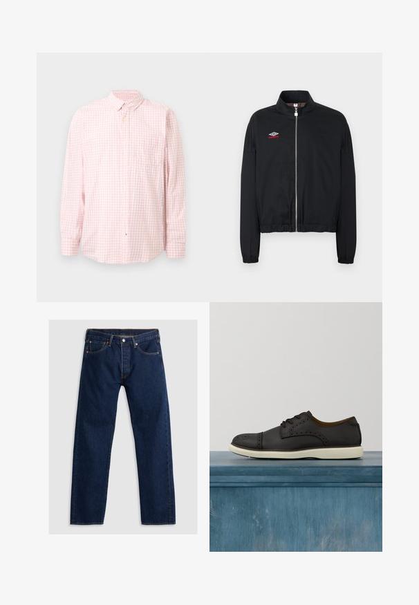 Veste zippée noire avec poignets et ourlet élastiques, dotée d'un col montant et du logo Umbro blanc et rouge sur le côté gauche de la poitrine.; Chemise à manches longues à carreaux rose clair et blanc, boutonnée, avec col et poche poitrine, présentée sur un fond uni.; Jean en denim bleu foncé à jambe droite avec bouton avant, passants de ceinture et design à cinq poches, posé à plat sur un fond clair.; Chaussure à lacets en cuir noir avec un bout perforé et des détails décoratifs le long des côtés, avec une semelle en caoutchouc blanche.