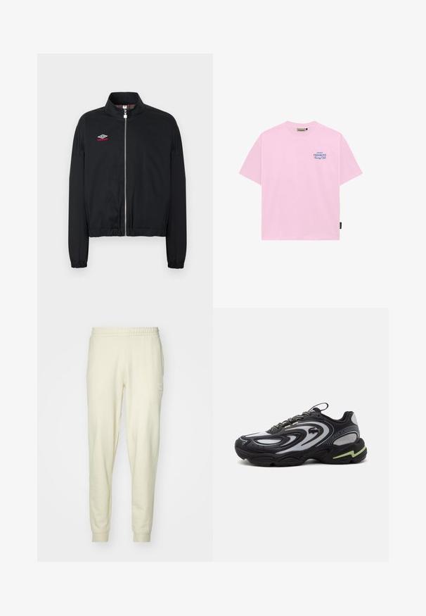 Chaqueta negra con cremallera, puños y dobladillo elásticos, con cuello alto y logo de Umbro en blanco y rojo en el pecho izquierdo.; Camiseta rosa de algodón con mangas cortas y cuello redondo, con texto bordado en azul "PROHIBITED Racing Club" en el área del pecho izquierdo.; Pantalones de chándal color crema hechos de una tela suave, con cintura elástica y puños. Presenta un pequeño emblema en la cadera izquierda.; Zapatilla Lacoste Storm 2K negra y gris con patrones ondulados, diseño con cordones y una suela gruesa con un detalle en verde claro.