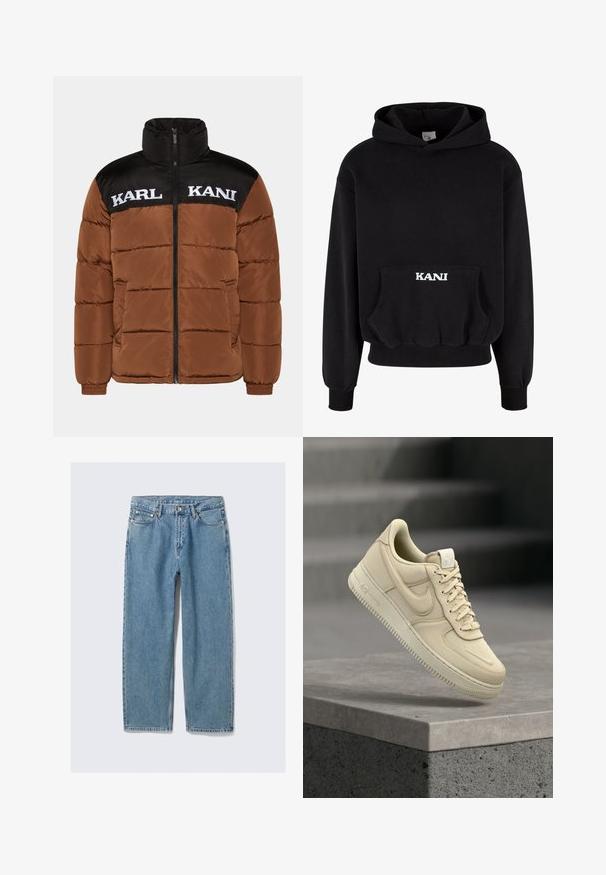 Brun pufferjakke med sort øverste sektion. Har høj krave, lynlås foran, hvid logo-tekst og quilted polstring.; Sort hætte sweatshirt lavet af bomuldsblanding, med en frontlomme og hvid skrift "KANI" på lommen. Ribbet kant og manchetter.; Lyseblå jeans med lige ben, forlommer, bæltestropper og knaplukning på ensfarvet baggrund.; Beige Nike Air Force 1 sneaker, der svæver over en grå betonafdækning med en sløret trapp baggrund.