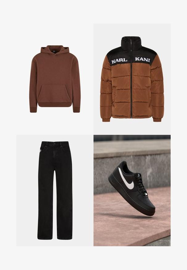 Braune Pufferjacke mit schwarzem oberen Abschnitt. Verfügt über einen hohen Kragen, einen frontalen Reißverschluss, weißen Logotext und gestepptes Futter.; Brauner Kapuzenpullover aus weichem Material, mit einer Kängurutasche, gerippten Bündchen und einem lässigen Schnitt.; Schwarze Denim-Jeans mit geradem Schnitt, ausgestattet mit frontalen Taschen, einem Knopfverschluss und einem dezenten Logo-Patch am Bund.; Schwarzer Nike Air Force 1 Sneaker mit weißem Swoosh-Logo, der über einer Steinformation schwebt, vor einem grauen strukturierten Hintergrund.
