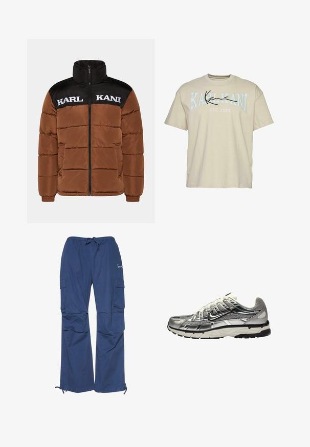 Brun pumajakke med svart øvre del. Har høy krage, frontglidelås, hvit logo tekst og quiltet polstring.; Beige bomulls T-skjorte med rund hals, med "KARL KANI" tekst i blått og svart over brystet, etablert 1989 under.; Blå cargo bukser laget av bomull, med snøring i livet, to sidelommer og en løs passform med mansjetter ved anklene.; Sølv og svart treningssko med overdel i mesh og syntetisk materiale, voluminøst design og teksturert finish. Har en polstret krage og gummisåle.