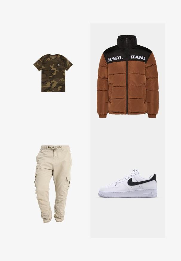 Chaqueta de abrigo marrón con sección superior negra. Cuenta con un alto cuello, cierre frontal de cremallera, texto del logo en blanco y acolchado con costuras.; Camiseta de camuflaje en verde oliva, marrón y negro, de manga corta, con cuello redondo, presenta un pequeño logo blanco en el pecho. Material de algodón suave.; Pantalones cargo beige con puños elásticos, bolsillos laterales con solapa, cintura con cordón y trabillas para cinturón.; Zapatilla blanca de cuero con un Swoosh negro texturizado, cordones planos y una suela de goma con un patrón estriado. "AIR" está grabado en el talón.