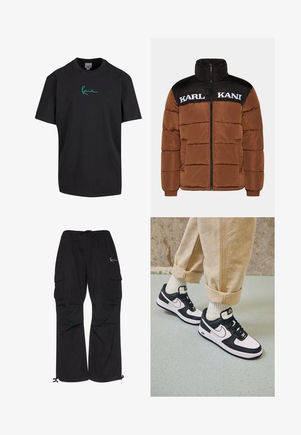 Bruine pufferjack met zwarte bovensectie. Heeft een hoge kraag, een ritssluiting aan de voorkant, witte logo-tekst en gewatteerde vulling.; Zwart katoenen t-shirt met korte mouwen en ronde hals. Bevat een groene "Kanye" handtekening graphic aan de voorkant. Effen achterkant en relaxed fit.; Zwarte cargobroek van lichtgewicht stof, met een elastische tailleband met koord, zijzakken en verstelbare manchetten.; Zwart-witte Nike Air Force 1 sneakers met een leren bovenwerk, geperforeerde neus en gestructureerde zooldetails, gedragen met opgerolde beige broek en witte sokken.
