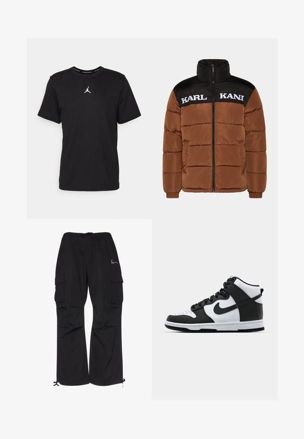 Brun pufferjakke med sort øverste sektion. Har høj krave, lynlås foran, hvid logo-tekst og quilted polstring.; Sort bomulds t-shirt med korte ærmer, rund hals, med et hvidt Jumpman-logo på brystet og en glat, let tekstur.; Sorte cargobukser lavet af letvægtsstof, med elastisk talje med snøre, sidelommer og justerbare manchetter.; Sort og hvid høj-top sneakers med læderoverdel, perforeret tåboks, fremtrædende swoosh-logo og struktureret gummisål.