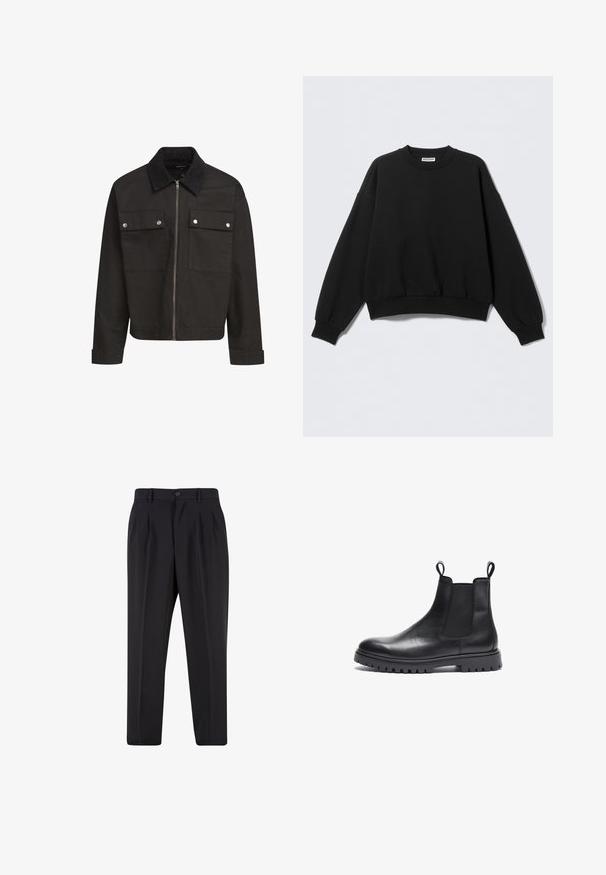 Zwarte ritssluiting jacket met corduroy kraag, twee borstflapzakken met zilveren drukknoopjes en lange mouwen met manchetten.; Zwarte sweatshirt met een losse pasvorm, ronde hals en lange, licht opgeblazen mouwen. Gemaakt van zacht materiaal met geribbelde boorden en zoom.; Zwarte op maat gemaakte broek met voorplooien, riemlussen en een knoopsluiting in de taille.; Zwarte leren Chelsea boots met een gestructureerde afwerking, elastische zijkanten en trekkers. Voorzien van een chunky rubberen zool met profiel.