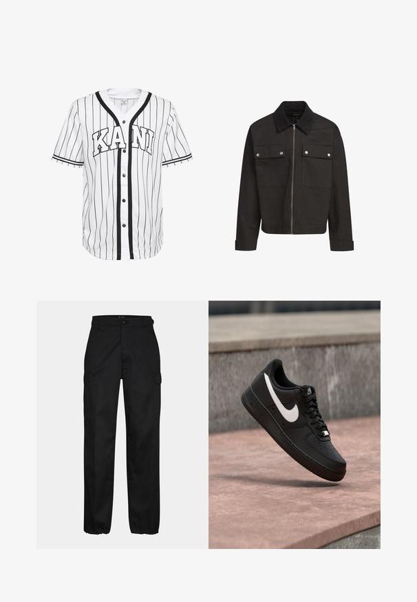 Schwarze Zip-Jacke mit Cordkragen, zwei Brusttaschen mit Klappe und silbernen Druckknöpfen sowie langen Ärmeln mit Manschetten.; Weißes Baseball-Trikot mit kurzen Ärmeln und schwarzen Streifen, mit einer Knopfleiste vorne und dem Wort "KANI" deutlich in schwarzen Buchstaben dargestellt.; Schwarze Cargo-Hosen mit geradem Schnitt, ausgestattet mit Seitentaschen, einem Knopfverschluss und elastischen Bündchen an den Knöcheln. Hergestellt aus strapazierfähigem Material.; Schwarzer Nike Air Force 1 Sneaker mit weißem Swoosh-Logo, der über einer Steinformation schwebt, vor einem grauen strukturierten Hintergrund.