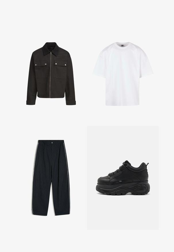 Sort lynlåsjakke med kordfløjlskrave, to brystlommer med klap og sølvtryklåse, samt lange ærmer med manchetter.; Hvid kortærmet t-shirt med rund hals, lavet af bomuldsmateriale, der har en afslappet pasform og minimale syningsdetaljer.; Sorte vidde bukser med hvide sidelister og knaplukning i taljen.; Svarte lædersneakers med chunky såler, tykk gummisål, slankt design og teksturerede detaljer. Har snørebånd og en pull tab ved hælen.