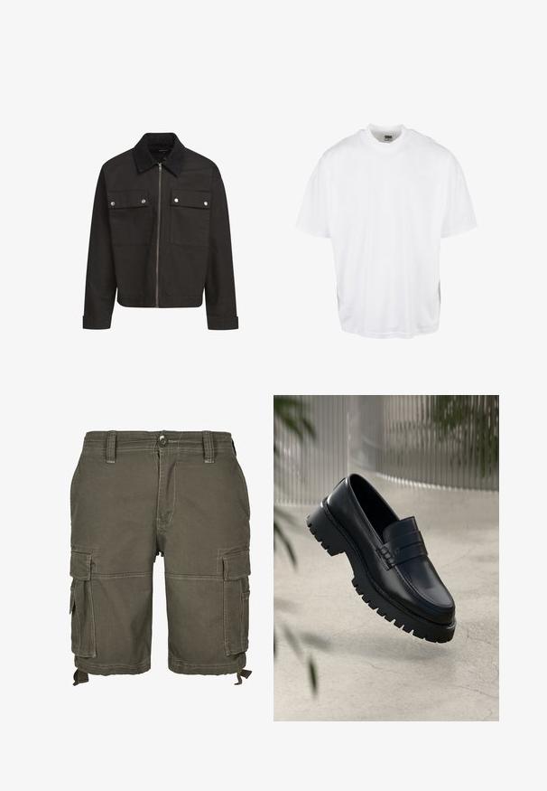 Sort lynlåsjakke med kordfløjlskrave, to brystlommer med klap og sølvtryklåse, samt lange ærmer med manchetter.; Hvid bomulds T-shirt med en afslappet pasform, korte ærmer og rund halsudskæring, med en lige kant og ingen synlige grafikker eller mønstre.; Oliven grønne cargo-shorts lavet af slidstærkt stof, med flere sidelommer, bæltestropper og syede detaljer for ekstra struktur.; Sorte læder loafers med en chunky sål, der har en dekorativ rem og syninger. Glat tekstur med en poleret overflade.