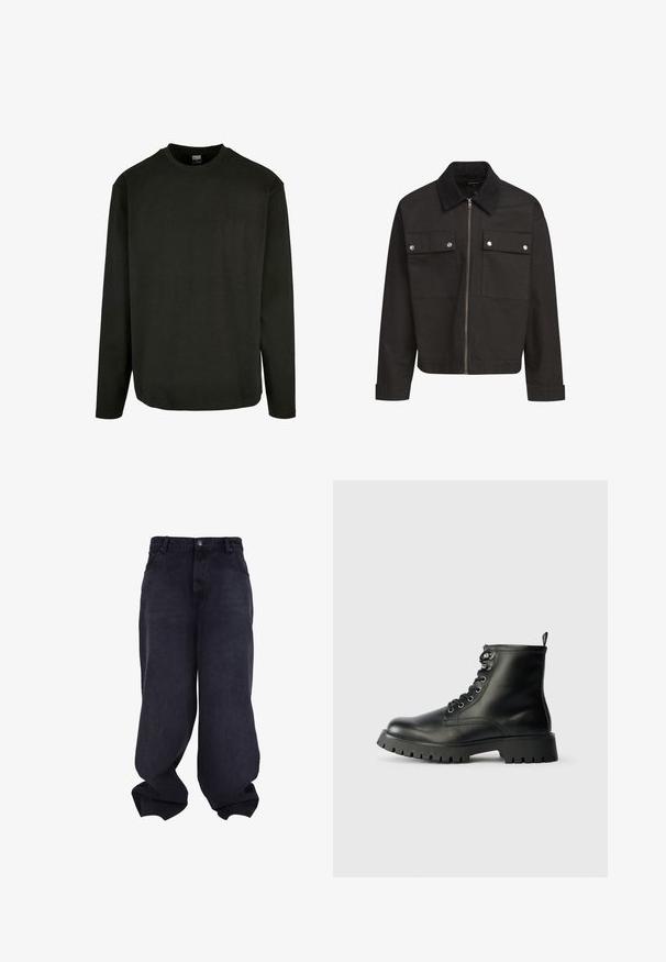Chaqueta negra con cremallera y cuello de pana, dos bolsillos de solapa en el pecho con botones a presión plateados, y mangas largas con puños.; Camiseta negra de manga larga hecha de algodón, con cuello redondo y dobladillo recto. Diseño minimalista sin patrones ni acentos.; Vaqueros negros oversize y holgados con cierre delantero de botón y cremallera, bolsillos frontales y perneras anchas y sueltas.; Botas de cuero negro hasta el tobillo con punta redonda, seis ojetes para cordones y una suela gruesa y texturizada con profundasranuras.