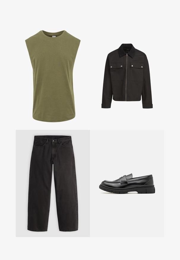 Veste zippée noire avec col en velours côtelé, deux poches poitrine à rabat avec boutons-pression en argent, et manches longues avec poignets.; T-shirt sans manches de couleur olive, fabriqué en coton doux, avec un col rond et une coupe décontractée et ample, dotée d'une texture lisse et uniforme.; Jean denim noir à coupe droite, cinq poches et passants pour ceinture, présenté à plat sur un fond clair uni.; Mocassin en cuir noir avec une large sangle sur le devant, semelle en caoutchouc à épaisse rainure, et texture lisse. Design classique et élégant.