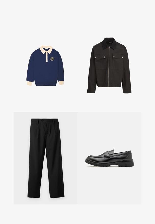 Sort lynlåsjakke med kordfløjlskrave, to brystlommer med klap og sølvtryklåse, samt lange ærmer med manchetter.; Langærmet navy blå polo shirt med beige krave og manchetter, udstyret med et rundt emblem med tekst på venstre bryst.; Sorte bukser med lige pasform, der har en enkelt knaplukning, to for-lommer og en glat, let stofstruktur.; Sort læder loafersko med en bred rem over forfoden, gummisål med tykke mønstre og glat overflade. Klassisk, slankt design.