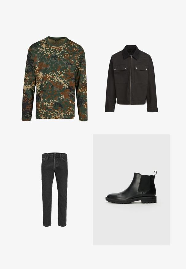 Schwarze Zip-Jacke mit Cordkragen, zwei Brusttaschen mit Klappe und silbernen Druckknöpfen sowie langen Ärmeln mit Manschetten.; Langärmliges Camouflage-T-Shirt in Grün, Braun und Beige mit einem runden Ausschnitt. Es verfügt über ein gemischtes Muster aus unregelmäßigen Flecken und Texturen.; Schwarze Jeans aus Denim mit geradem Bein, fünf Taschen und Gürtelschlaufen, mit einer leicht verblassten Textur und Kontrastnähten.; Jack & Jones JFWHOSKINS - Stiefelette - anthracite