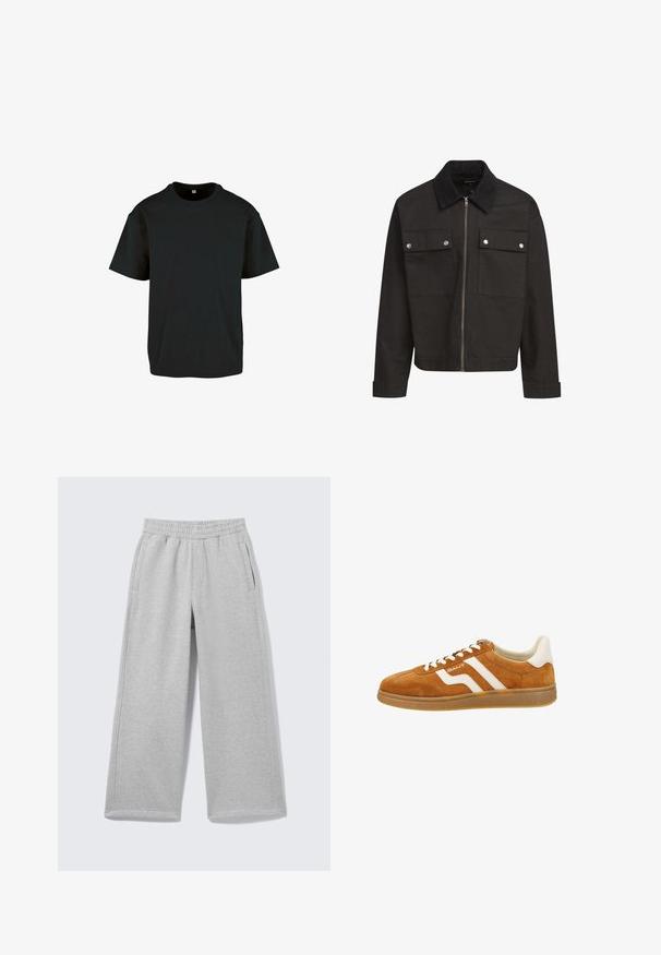 Sort lynlåsjakke med kordfløjlskrave, to brystlommer med klap og sølvtryklåse, samt lange ærmer med manchetter.; Sort bomulds T-shirt med rund hals og korte ærmer; har en afslappet pasform og en glat, struktureret overflade.; Lysegrå sweatpants med vide ben, elastisk linning og sidelommer vist på en ensfarvet baggrund.; Brune ruskind sneakers med hvide læderdetaljer, med et lavt profil, rund tå og kontrasterende striber på siden. Snørebåndsdesign.