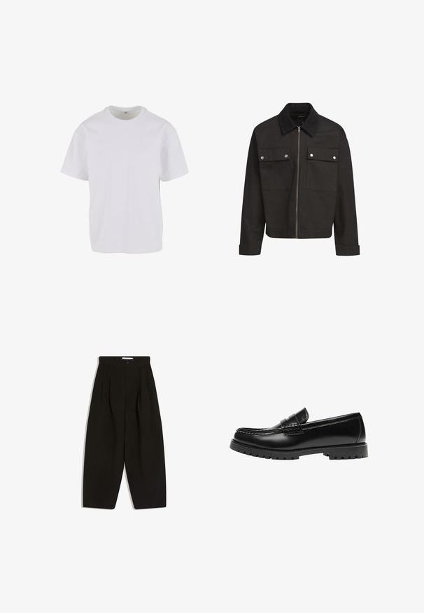 Sort lynlåsjakke med kordfløjlskrave, to brystlommer med klap og sølvtryklåse, samt lange ærmer med manchetter.; Hvid T-shirt med korteærmer lavet af blødt bomuld, med rund halsudskæring og en afslappet pasform med lige kant. Ingen mønstre eller detaljer synlige.; Sorte bukser med vide ben lavet af blødt stof, med plisseret front, knaplukning og sidelommer for ekstra funktionalitet.; Sort læderloafer med en kraftig gummisål og klassiske penny-strap detaljer, vist fra ydersiden.
