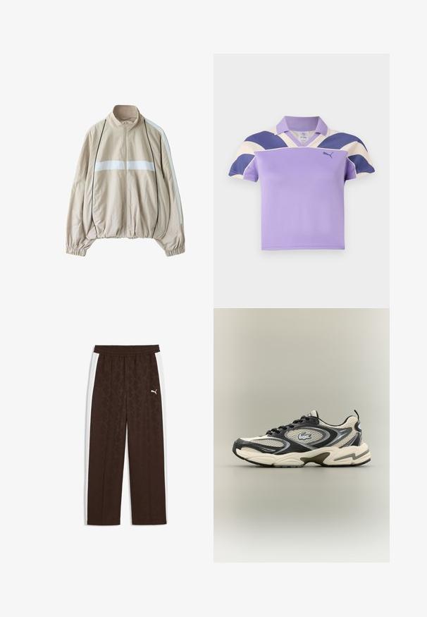 Veste beige zippée avec bande horizontale blanche sur la poitrine, bandes blanches aux manches, passepoil noir, poignets élastiques et ourlet froncé.; Polo shirt violet avec un col, présentant de larges rayures crème et marine sur les épaules. Tissu doux et texturé, design décontracté.; Pantalon de survêtement marron foncé avec des bandes blanches sur les côtés et un motif subtil, doté d'une ceinture élastique et d'un logo Puma blanc sur la cuisse droite.; Des baskets en maille noires et beiges présentent un col rembourré, un dessus texturé et un logo bien visible sur le côté. Design élégant avec une semelle incurvée.