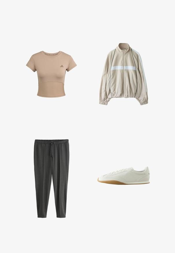 Beige lynlåstrøje med hvid vandret stribe over brystet, hvide striber på ærmerne, sort piping, elastiske manchetter og samlet kant.; Beige sports cropped t-shirt med korte ærmer, ribbet nederste del og subtilt logo på brystet. Glat tekstur, tætsiddende design.; Mørkegrå, elastiske joggers lavet af blødt stof; har en elastisk talje med snøre og tilspidsede ben.; Hvid lav sneaker med brun gummisål, syningsdetaljer, snørelukning foran og broderet logo på siden.