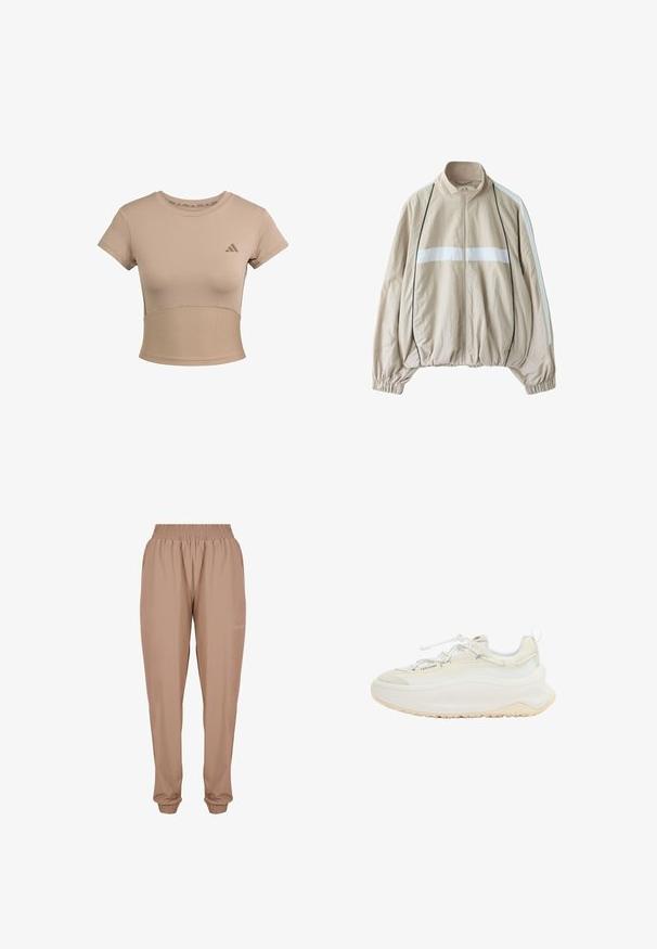 Beige lynlåstrøje med hvid vandret stribe over brystet, hvide striber på ærmerne, sort piping, elastiske manchetter og samlet kant.; Beige sports cropped t-shirt med korte ærmer, ribbet nederste del og subtilt logo på brystet. Glat tekstur, tætsiddende design.; Beige joggebukser med elastisk talje, ankellemmer og et blødt, let stof med en diskret logo detalje på siden.; Hvid sneaker med blandede materialer, herunder ruskind og mesh. Tykk sål med teksturerede detaljer, snørebånd integreret i huller og præget detaljer.