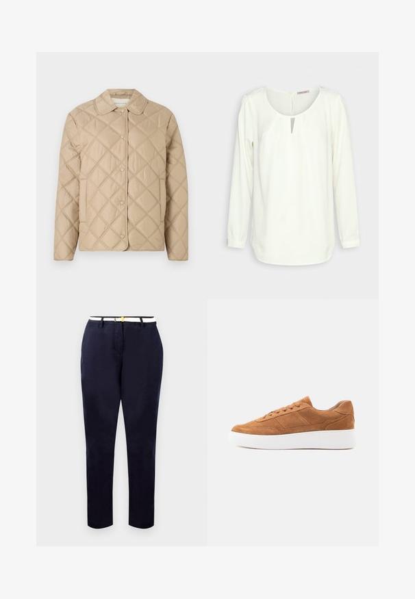 Beige gewatteerde jas met ruitpatroon, ronde kraag, drukknoopsluiting en lange mouwen. Glad textuur en een lichtgewicht uitstraling.; Anna Field Tuniek - off-white; Marineblauwe chinos met een slim fit, van katoen, en een witte riem met een goudkleurige gesp. Gladde textuur, rechte pijpen, minimalistisch design.; Bruine suède lage sneaker met veters aan de voorkant en dikke witte rubberen zool, zijaanzicht tegen een effen achtergrond.