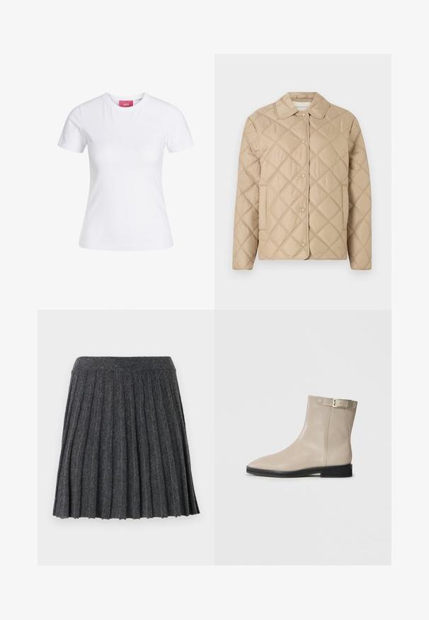 Beige quiltet jakke med diamantmønster, rund krave, trykknaplukning og lange ærmer. Glat tekstur og let udseende.; Hvid slimfit t-shirt med korte ærmer og rund halsudskæring med en lyserød JJXX-label indeni kraven, vist mod en ensfarvet baggrund.; Vero Moda Knitted VMMARINA Short - Mini skirts - dark grey; Beige læder ankelstøvle med spids tå, sort sål, lav hæl og guld spænde rem på ydersiden, vist på hvid baggrund.