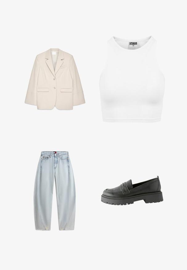 Beige skræddersyet blazer med slagkrave, to frontlommer og to knapper. Har strukturerede skuldre og en firkantet silhuet.; Hvid ribbet cropped tanktop med høj halsudskæring og "Urban Classics XS" label inde i kraven.; Lyseblå højtaljede denimjeans med vide ben, forlommer, små revner ved sømmen og et Tommy Hilfiger-logo på taljebåndet og lommen.; Sorte læder loafers med en tekstureret overflade, fremtrædende syning og en tykk sort gummisåle med mønster.