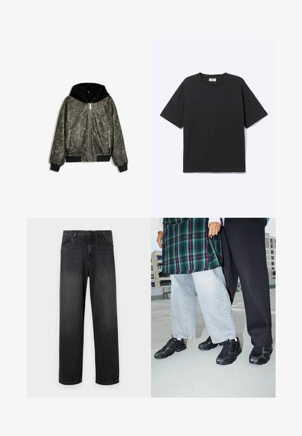 Veste bomber gris foncé avec col en fausse fourrure noire, fermeture éclair frontale, poches latérales, poignets et ourlet côtelés, présentée à plat sur fond blanc.; T-shirt noir à manches courtes avec col rond, coupe décontractée, vue de face, design uni et étiquette de la marque Weekday visible à l’intérieur du col.; Jeans en denim gris foncé avec un design à jambe droite, dotés d'une fermeture éclair, de cinq poches et de légères décolorations sur le tissu.; Baskets de sport noires avec des accents en mesh et en caoutchouc. Portées avec un jean large gris clair et un haut à carreaux vert. Fond à surface plane.