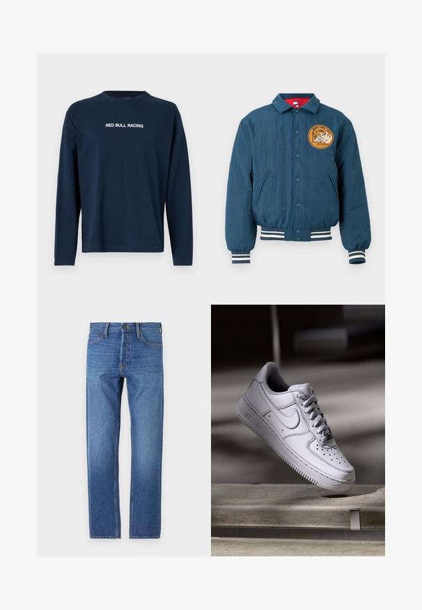 Chaqueta bomber azul marino con botones en la parte frontal, puños y dobladillo acanalados. Presenta un parche bordado redondo con "Nueva York 1985" y un diseño de montaña.; Camiseta de manga larga en color navy hecha de algodón, con cuello redondo y el texto "RED BULL RACING" en blanco en el pecho.; Jeans de mezclilla azul con corte recto, diseño clásico de cinco bolsillos, costuras de cobre y un acabado deslavado para un aspecto usado.; Zapatilla Nike Air Force 1 de cuero blanco que presenta una puntera perforada, cordones planos y una suela de goma texturizada con la marca "AIR" en el lateral.