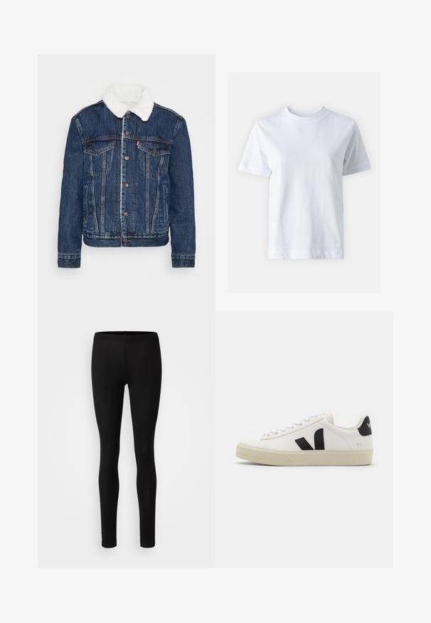 Chaqueta de mezclilla en azul oscuro con un cuello de forro polar blanco, dos bolsillos en el pecho y cierres de botón clásicos. Presenta una textura desgastada.; T-shirt de algodón blanco con cuello redondo, mangas cortas, corte recto y textura suave. Sin patrones ni adornos.; Leggings negros hechos de una tela suave y elástica. Tienen un ajuste ceñido con una cintura elástica y una textura suave y mate.; Zapatilla de cuero blanca con logo V de goma negra. Suela texturizada en blanco roto, cordones blancos y detalle en el talón trasero con el nombre de la marca en negro.