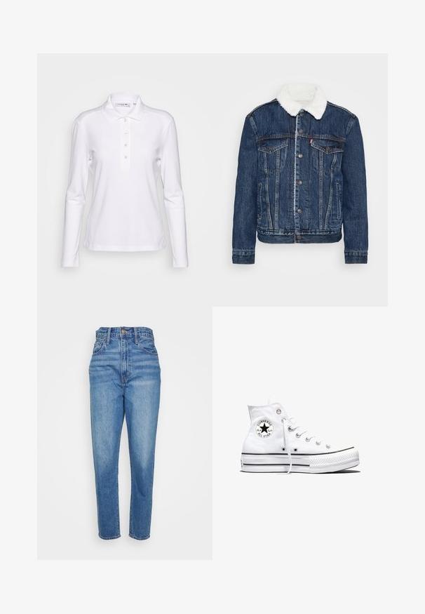 Chaqueta de mezclilla en azul oscuro con un cuello de forro polar blanco, dos bolsillos en el pecho y cierres de botón clásicos. Presenta una textura desgastada.; Camisa polo blanca de manga larga, fabricada en una mezcla de algodón, con una tapeta de botones y un pequeño logotipo bordado en el pecho. Textura suave.; Jeans de cintura alta en azul con un diseño de pierna recta, fabricados en tela de mezclilla. Presentan presillas para el cinturón y un estilo estándar de cinco bolsillos.; Zapatilla blanca de caña alta Converse Chuck Taylor All Star con parche de logo negro y cordones blancos, presentada sobre fondo blanco.