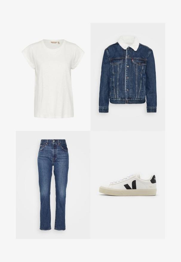 Chaqueta de mezclilla en azul oscuro con un cuello de forro polar blanco, dos bolsillos en el pecho y cierres de botón clásicos. Presenta una textura desgastada.; Camiseta blanca de manga corta con cuello redondo, fabricada en un material suave y ligero, con un ajuste holgado. Sin patrones ni acentos notables.; Jeans de mezclilla azul de talle alto con pierna recta, ligero desgastado, cinco bolsillos y cierre con botón en la cintura.; Zapatilla de cuero blanca con logo V de goma negra. Suela texturizada en blanco roto, cordones blancos y detalle en el talón trasero con el nombre de la marca en negro.