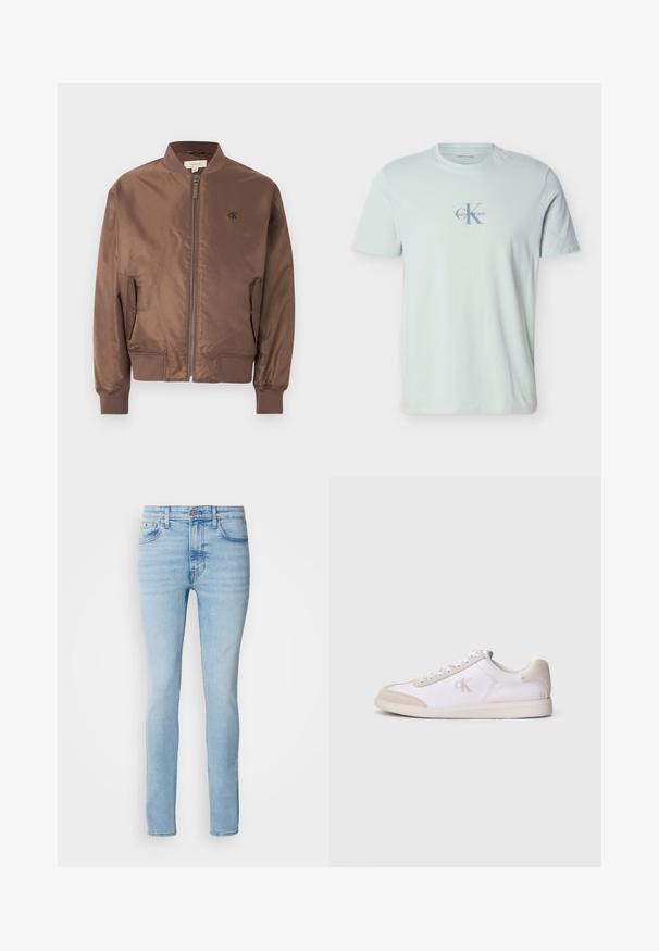 Bruine bomberjack met ritssluiting aan de voorkant, geribde kraag, manchetten en zoom, zijflapzakken en een klein "cK"-logo op de linkerborst.; Lichtblauw T-shirt met korte mouwen en een ronde hals, met een vage Calvin Klein-logo in lichtgrijs in het midden van de borst.; Calvin Klein Jeans Jeans Skinny Fit - arrow stone; Witte en beige lage sneaker met vetersluiting, suède accenten en "cK"-logo op de zijkant, zijaanzicht tegen een effen achtergrond weergegeven.
