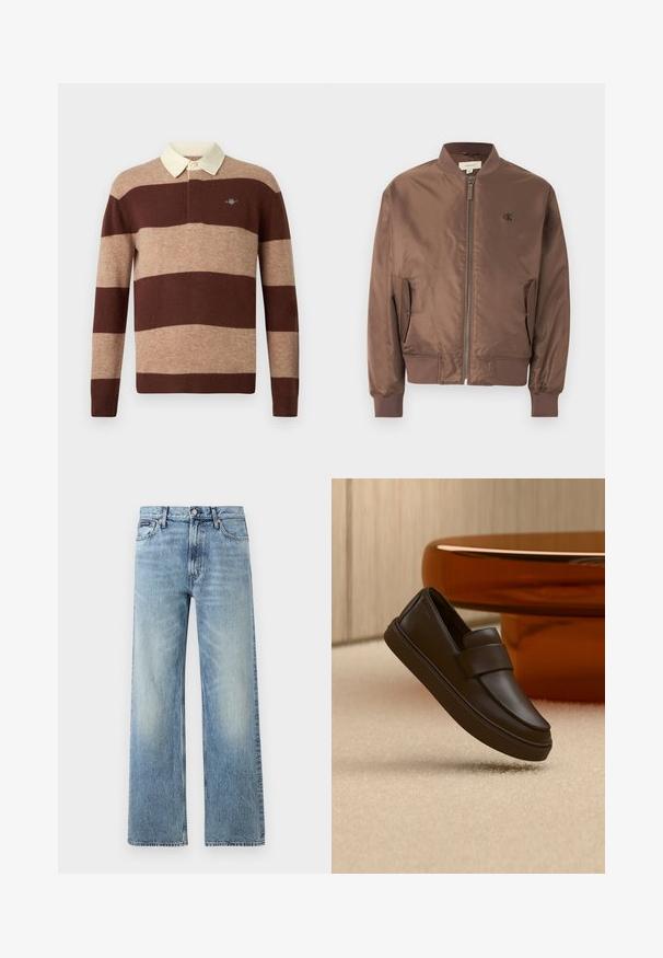 Chaqueta bomber marrón con cremallera frontal, cuello, puños y dobladillo acanalados, bolsillos laterales con solapa y pequeño logo "cK" en el pecho izquierdo.; Camisa de rugby de manga larga con amplias rayas horizontales en marrón y beige y un cuello color crema, con un pequeño logo bordado en el pecho.; Vaqueros de mezclilla azul claro de corte recto con cintura alta, cinco bolsillos, cierre de botón y sutil desgaste en los muslos y las rodillas.; Un único zapato mocasín de cuero marrón oscuro flotando sobre una alfombra color crema con una mesa naranja redondeada al fondo.
