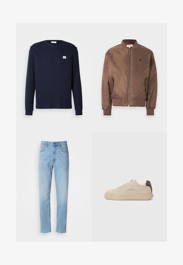 Ruskea bomber-takki, jossa edessä vetoketju, ribbineulos kaulus, hihansuut ja helma, sivutaskujen läpät sekä pieni "cK"-logo vasemmalla rinnalla.; T-paita tummansinisestä tekstuurikankaasta, jossa on pitkät hihat, pyöreä kaula-aukko ja pieni CK-logo-ruutu vasemmassa rinnassa.; Vaaleansiniset farkut suoran istuvuuden, viiden taskun ja vyölenkkien kanssa. Kangas on sileä ja siinä on kevyt haalistumisen efekti.; Beige mokkasieni nahkakengät, joissa on pyöreä kärki, nauhakiinnitys edessä ja ruskea mokkasieni korostus kantapäässä. Varustettu tekstuurilla varustetulla kumipohjalla.