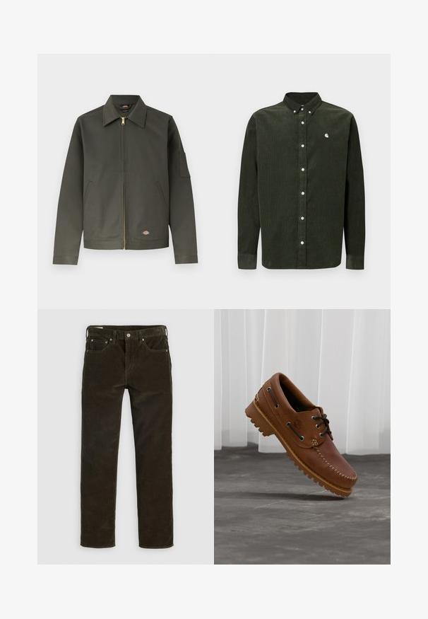Donkergroene ritssluitingjas met puntige kraag, twee voorzakken, een klein embleem linksonder en een zak op de linker mouw.; Donkergroen corduroy shirt met lange mouwen, een button-down kraag, witte knopen en een klein logodetail op de linkerborst.; Bruine corduroy broek met een recht gesneden pasvorm, vijf zakken, zichtbare stiksels en een gestructureerde stofafwerking. Metalen knoopsluiting aan de taille.; Bruine leren bootschoen met zwarte veters, beige stiksel en een robuuste zool, zwevend boven een grijze betonnen vloer.