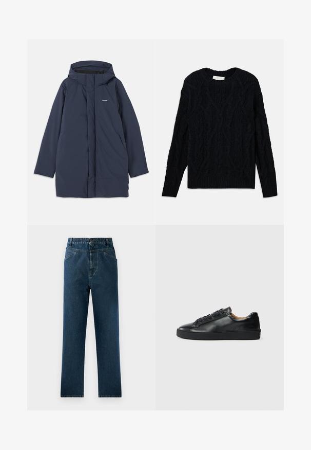Námornícka modrá vodoodolná parka s kapucňou, disponujúca predným zipsom, dvoma bočnými vreckami a minimalistickým logo značky na hrudi.; Tmavomodrý sveter s pleteným vzorom a okrúhlym výstrihom, s textura vzorom a rebrovaným lemovaním a manžetami. Vyrobený z hrubého textilného materiálu.; Tmavomodré džíny so rovnými nohavicami a vysokým pásom, s prednými vreckami a gombíkovým zapínaním. Textúrovaná tkanina s jemným vyblednutím.; Čierne kožené tenisky s hladkým povrchom, okrúhlou špičkou a šnúrkami. Majú hrubú gumenú podrážku a minimálne značkové detaily.