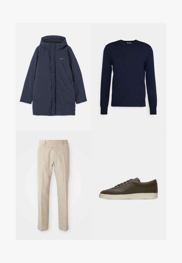 Parka imperméable bleu marine avec capuche, dotée d'une fermeture éclair à l'avant, de deux poches latérales et d'un logo de marque minimaliste sur la poitrine.; Pull en tricot bleu marine avec col rond et manches longues. Doté de poignets et d'un ourlet côtelés, fabriqué dans un matériau doux et léger.; Pantalons taillés beige en tissu texturé, avec un devant plat, des jambes droites et une taille traditionnelle avec passants de ceinture.; Baskets basses en cuir marron foncé avec lacets sur le devant et semelle en caoutchouc couleur crème, vues de côté extérieur sur fond blanc.