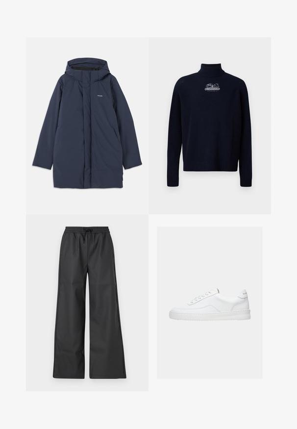 Parka impermeable azul marino con capucha, que cuenta con un cierre frontal, dos bolsillos laterales y un logotipo de marca minimalista en el pecho.; Iceberg MAGLIA LUPETTO - Jersey de punto - blu scurissimo; Han Kjøbenhavn RELAXED TRACK TROUSERS - Pantalones - black; Zapatilla deportiva blanca de corte bajo con diseño con cordones, parte superior de cuero liso y suela gruesa, vista de lado sobre un fondo liso.