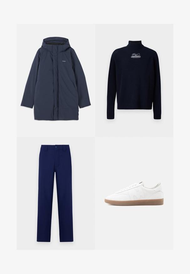 Námornícka modrá vodoodolná parka s kapucňou, disponujúca predným zipsom, dvoma bočnými vreckami a minimalistickým logo značky na hrudi.; Iceberg MAGLIA LUPETTO - Svetrík - blu scurissimo; Navy modré nohavice s gombíkom a zipsom, rovný strih, plochý predný diel a bočné vrecká; vyrobené z hladkej, ľahkej tkaniny.; Biela nízka teniska s podrážkou z gumovej gumy, prešitými detailmi a zaväzovaním na šnúrky na neutrálnom pozadí.