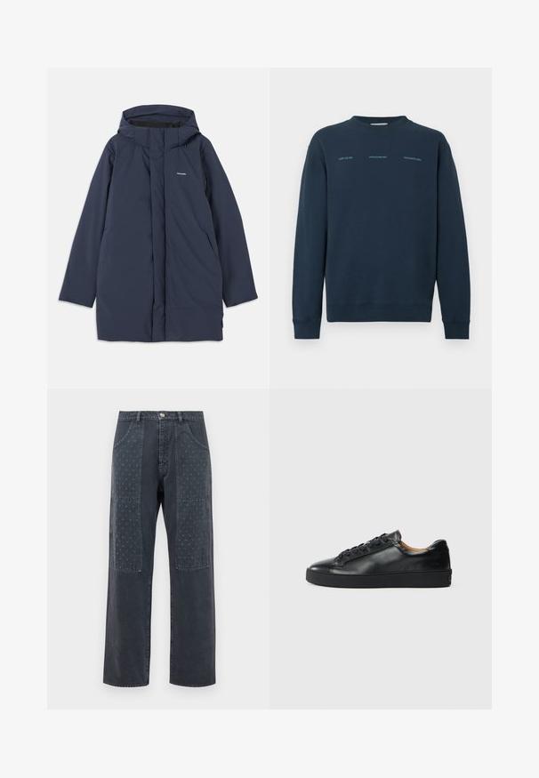 Parka impermeable azul marino con capucha, que cuenta con un cierre frontal, dos bolsillos laterales y un logotipo de marca minimalista en el pecho.; Sudadera azul marino con escote redondo, mangas largas y textura suave. Presenta texto impreso en la parte delantera en un color claro que contrasta.; Vaqueros gris oscuro con corte de pierna ancha, que presentan parches decorativos en la parte frontal con un sutil patrón floral y detalles de bolsillo estándar.; Zapatilla negra de cuero con una textura suave, puntera redonda y cierre de cordones. Presenta una suela de goma gruesa y un detalle de marca mínimo.