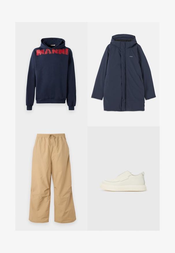 Marineblauer wasserdichter Parkajacke mit Kapuze, ausgestattet mit einem Frontreißverschluss, zwei seitlichen Taschen und einem minimalistischen Markenlogo auf der Brust.; Marineblaue Kapuzenjacke aus Baumwolle, mit einem roten Pinselstrich-Print des Wortes "MARNI" über der Brust, in einer lockeren Passform und mit Kängurutasche.; Beige weite Hosen aus leichtem Stoff, mit einem elastischen Bund und einer Kordel sowie genähten Akzenten in der Nähe des Saums.; Slip-On-Sneaker aus off-weißem, strukturiertem Material mit dicker, geriffelter Sohle. Verfügt über minimale Nähte und einen dezenten hellblauen Akzent.