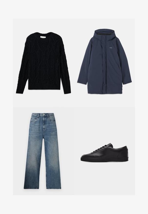 Marineblauer wasserdichter Parkajacke mit Kapuze, ausgestattet mit einem Frontreißverschluss, zwei seitlichen Taschen und einem minimalistischen Markenlogo auf der Brust.; Dunkelblauer Kabelstrickpullover mit Rundhalsausschnitt, strukturiertem Muster sowie geripptem Saum und Bündchen. Aus einem dicken Textilmaterial gefertigt.; Blaue Denim-Hosen mit weitem Bein und hohem Bund, mit subtilen Verfärbungen, fünf Taschen und einem Metallknopfverschluss vorne.; Schwarzer flacher Leder-Sneaker mit Schnürung vorne und flacher Gummisohle, seitlich auf einem schlichten weißen Hintergrund gezeigt.
